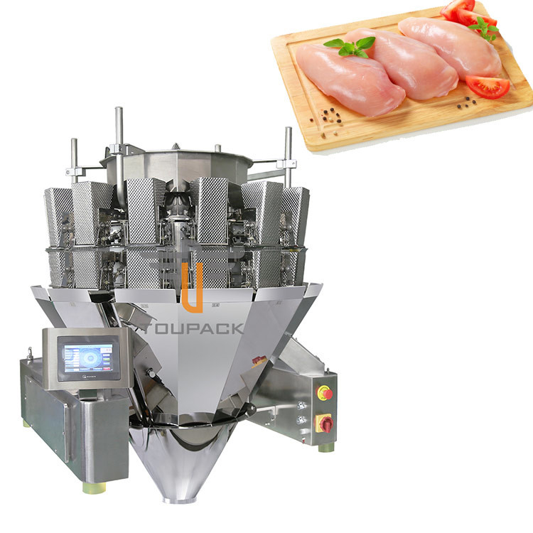 Screw 1.0L 1.5L Weigher Packing Machine Dimple Plate Hopper 14 Head For Chicken Breast