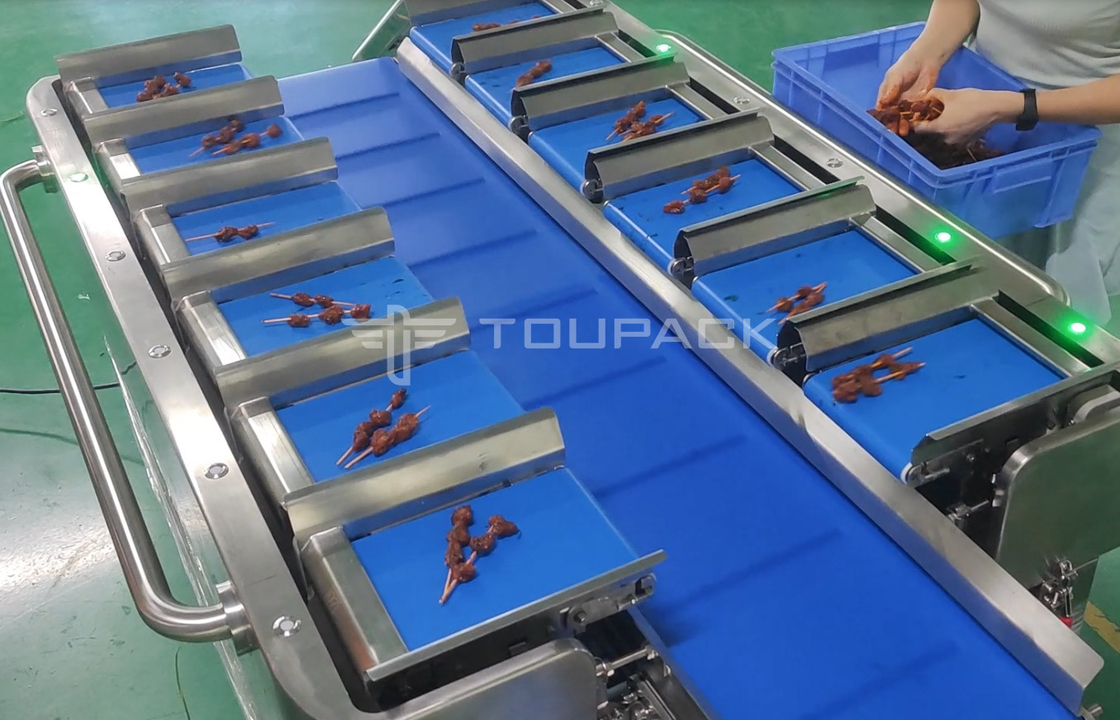 PLC Electronic Weighing Scales Steak Fish Chicken Seafood Shrimp Sausage Weight Multiheads Belt Feeder Combination