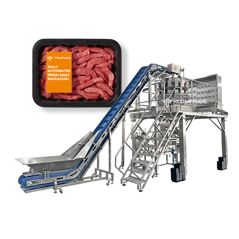 Automatic Tray Packaging Line With Screw Feeding Multihead Weigher For Meat, Salad And Ready Meals