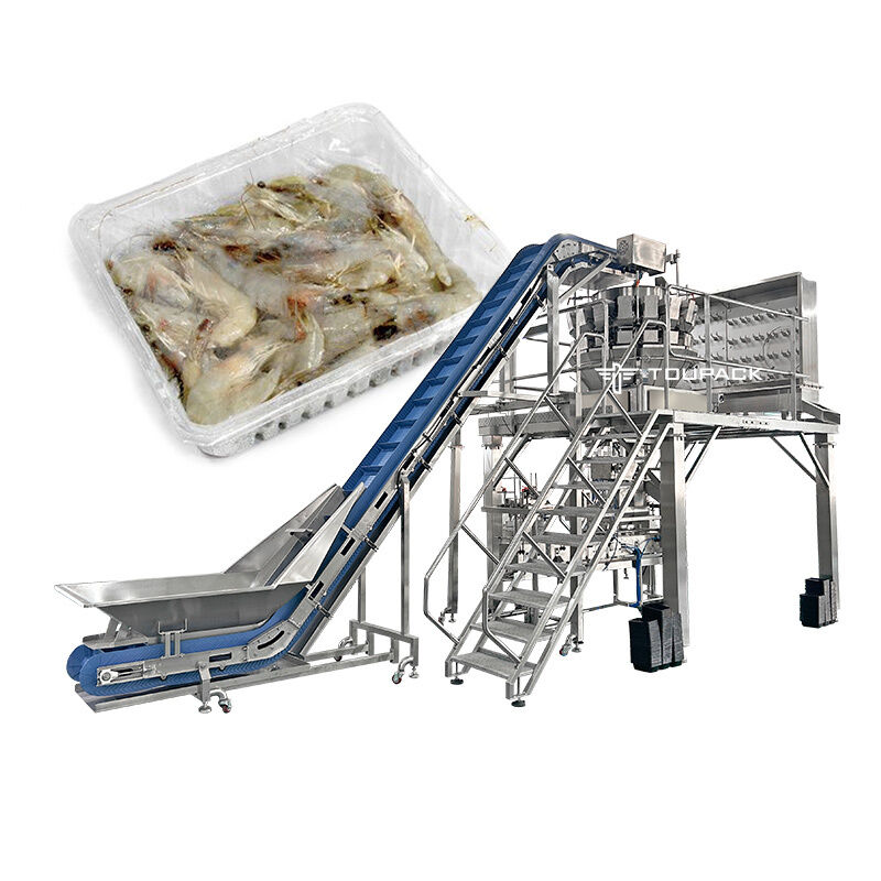 Automatic Tray Packaging Line With Multihead Weigher For Meat Products Fresh Shrimp