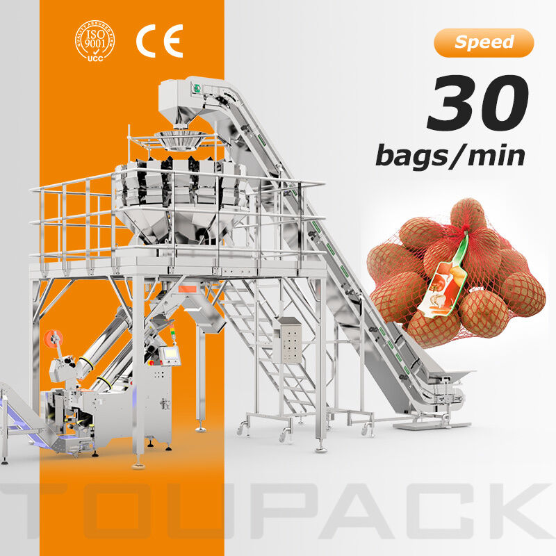 Industrial Potato Mesh Bag Packaging Line with Automatic Weigher Net Bag Filling Clipping and Tag Inserter