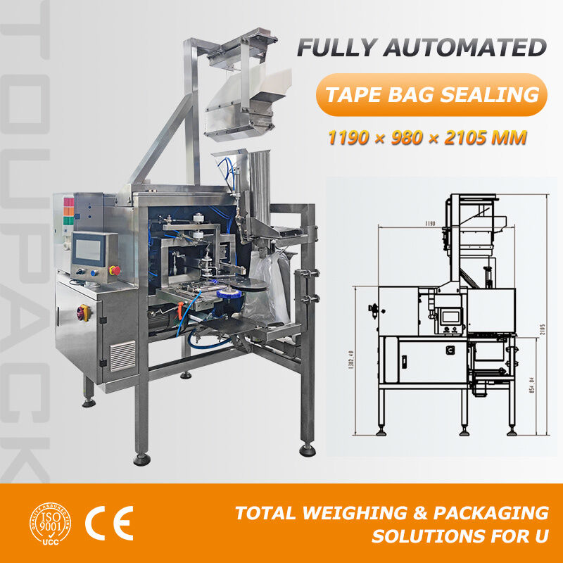 Automatic Produce Bag Closing Machine for Perforated Plastic Bags with Tape Sealing and Clip Closure Options
