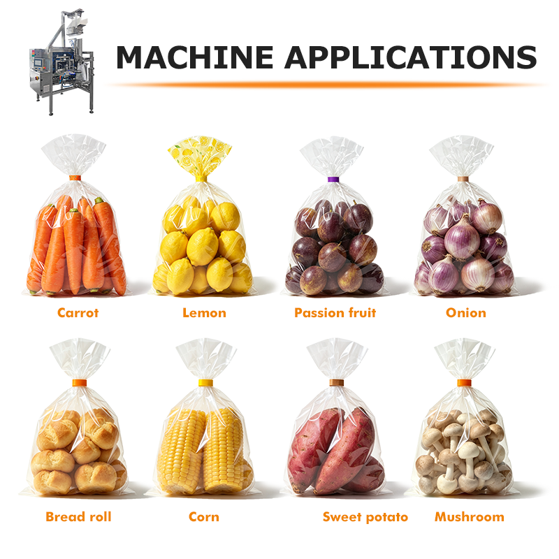 Automatic Produce Bag Closing Machine for Perforated Plastic Bags with Tape Sealing and Clip Closure Options