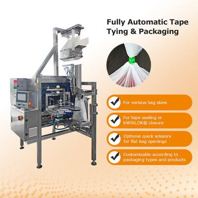 Automatic Bag Closing Machine for Fresh Fruit and Vegetable Packaging with Adhesive Tape or Plastic Clip Closure System
