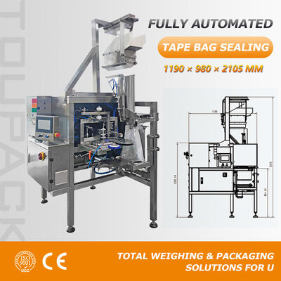 Automatic Produce Bag Closing Machine for Perforated Plastic Bags with Tape Sealing and Clip Closure Options